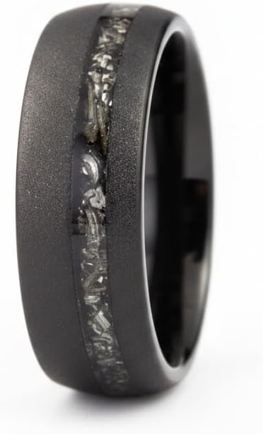 Gentlemen's Bands Meteorite Inlay Black Tungsten Men's Wedding Band, 8mm | Tungsten Carbide Men’s Ring | Comfort Fit Black Wedding Ring | Includes Silicone Band, Leather Pouch & Luxury Walnut Box