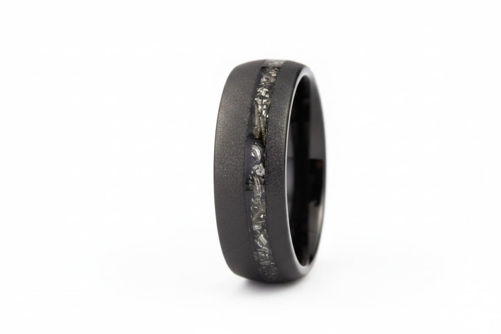 Gentlemen's Bands Meteorite Inlay Black Tungsten Men's Wedding Band, 8mm | Tungsten Carbide Men’s Ring | Comfort Fit Black Wedding Ring | Includes Silicone Band, Leather Pouch & Luxury Walnut Box