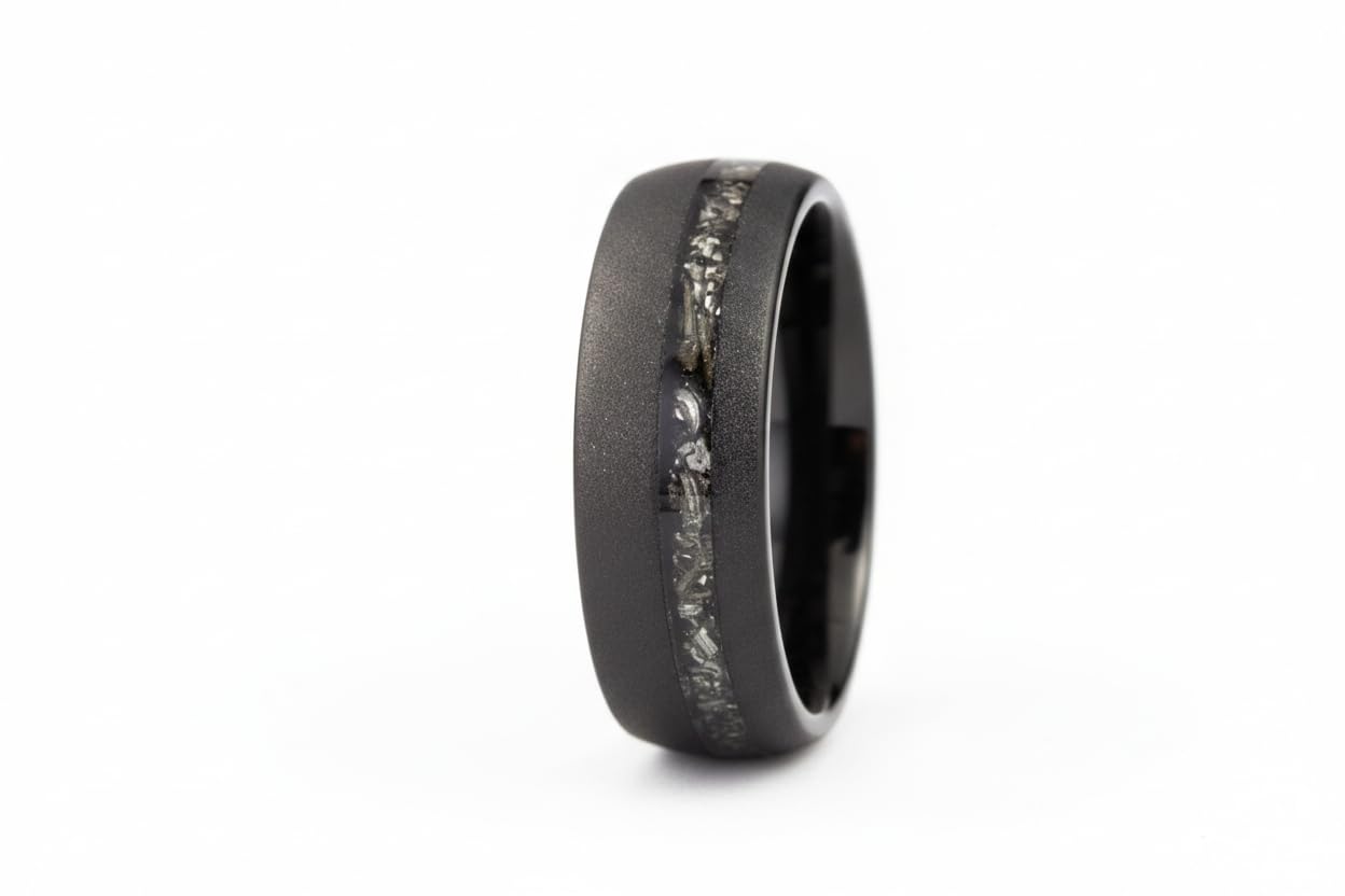Gentlemen's Bands Meteorite Inlay Black Tungsten Men's Wedding Band, 8mm | Tungsten Carbide Men’s Ring | Comfort Fit Black Wedding Ring | Includes Silicone Band, Leather Pouch & Luxury Walnut Box