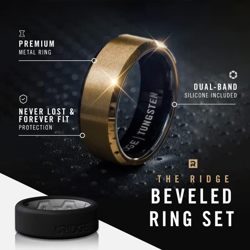 The Ridge Tungsten Rings For Men - Mens Wedding Band - Strong, Durable, and Scratch-Resistant Beveled Ring With Silicone Band