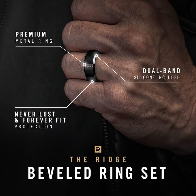 The Ridge Tungsten Rings For Men - Mens Wedding Band - Strong, Durable, and Scratch-Resistant Beveled Ring With Silicone Band