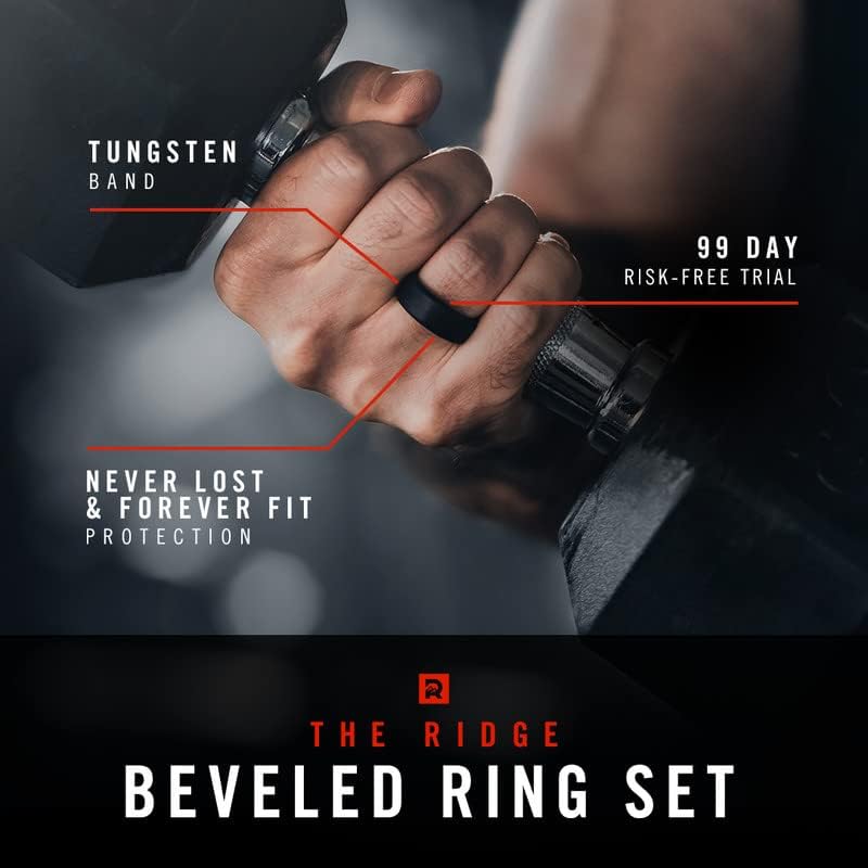 The Ridge Tungsten Rings For Men - Mens Wedding Band - Strong, Durable, and Scratch-Resistant Beveled Ring With Silicone Band