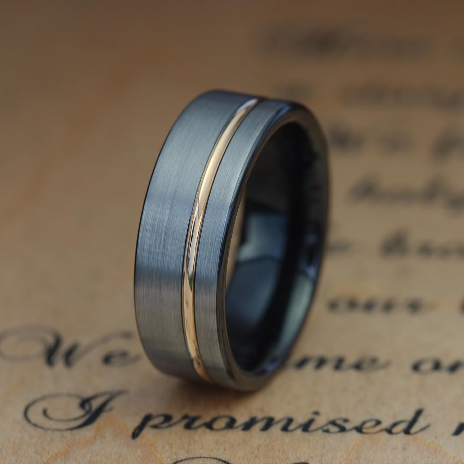 Gentlemen's Bands Men's Brushed Silver Tungsten Carbide Wedding Band - Premium Grade Wedding Ring with Gold Inlay- Includes Silicone Band, Leather Drawstring Pouch, & Premium Finished Walnut Box