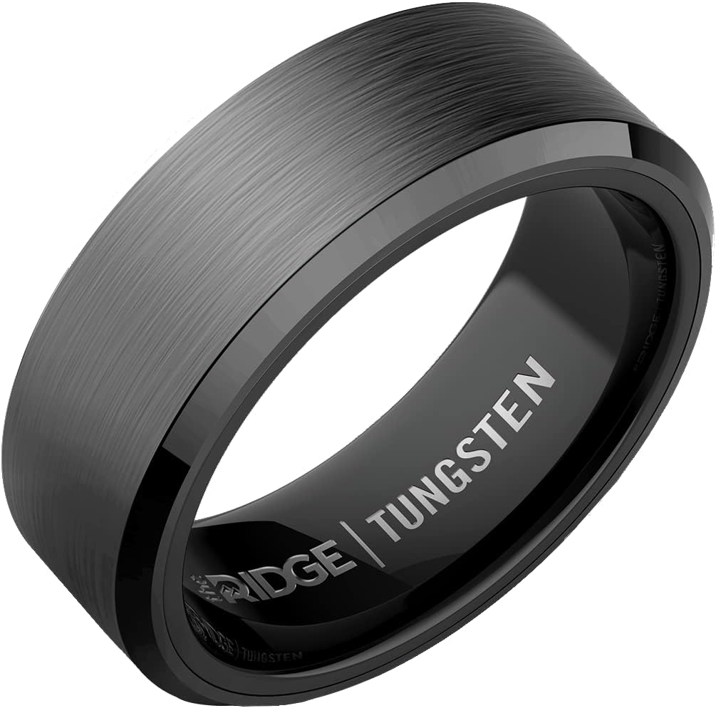 The Ridge Tungsten Rings For Men - Mens Wedding Band - Strong, Durable, and Scratch-Resistant Beveled Ring With Silicone Band