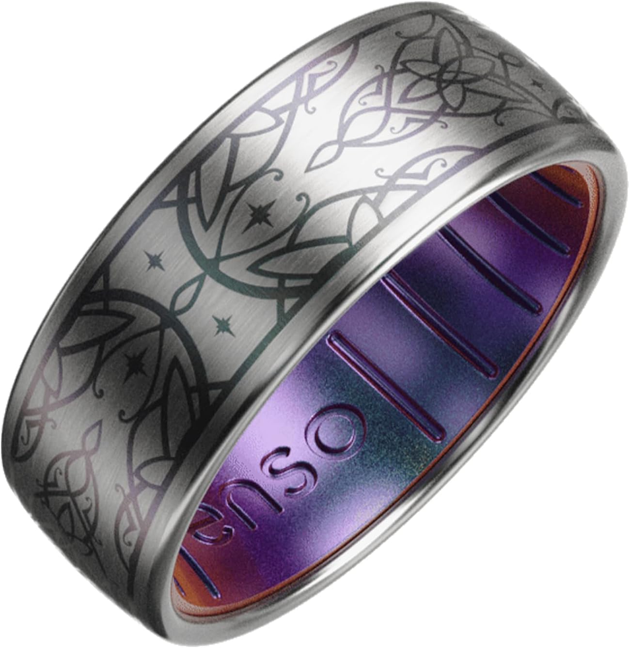 Enso Rings Etched Lord of the Rings Hybrid Ring - Durable Brushed Outer Metal - Comfortable and Premium Inner Silicone