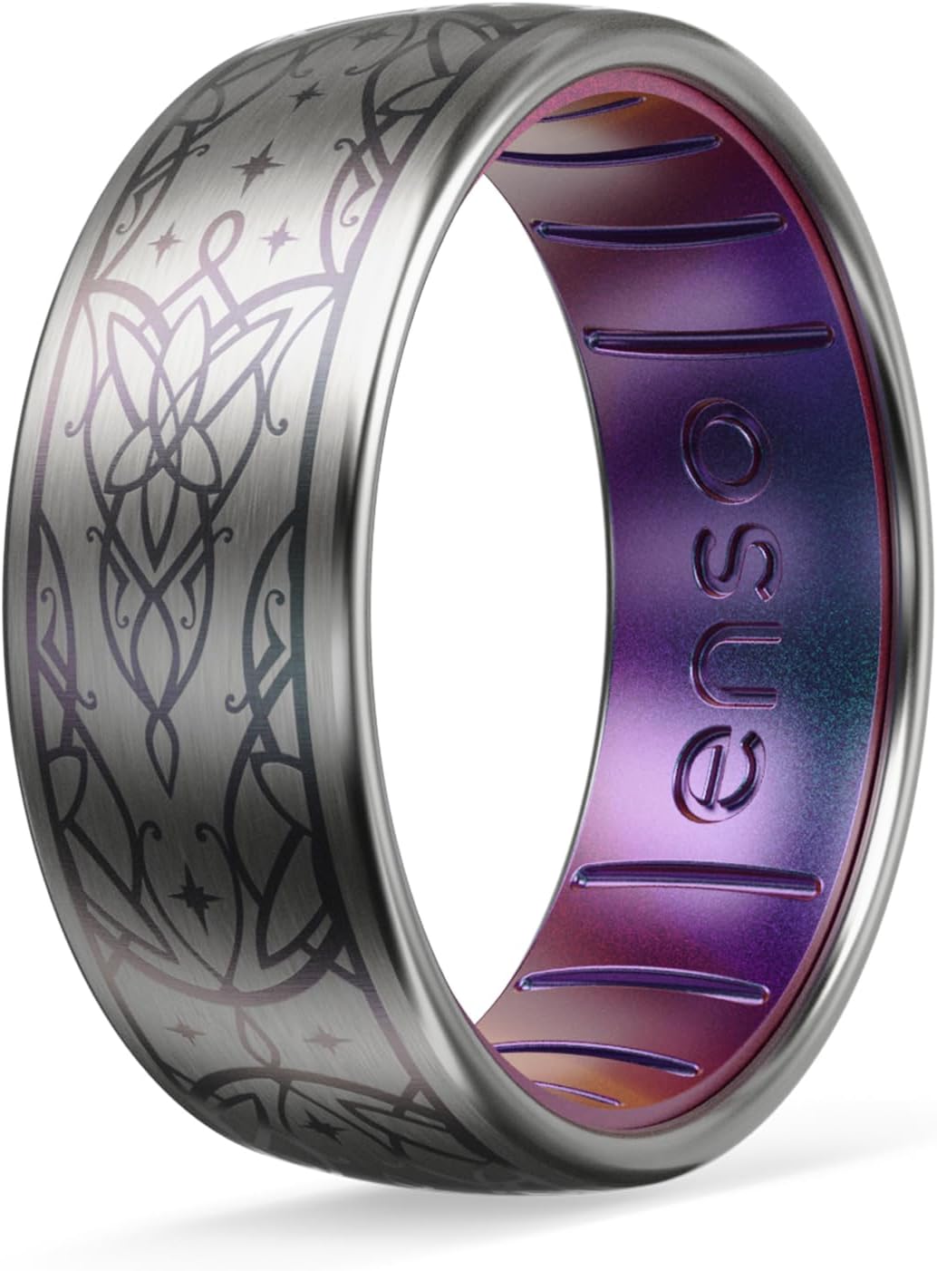 Enso Rings Etched Lord of the Rings Hybrid Ring - Durable Brushed Outer Metal - Comfortable and Premium Inner Silicone