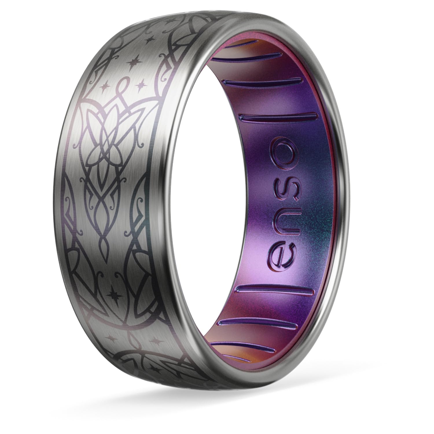 Enso Rings Etched Lord of the Rings Hybrid Ring - Durable Brushed Outer Metal - Comfortable and Premium Inner Silicone
