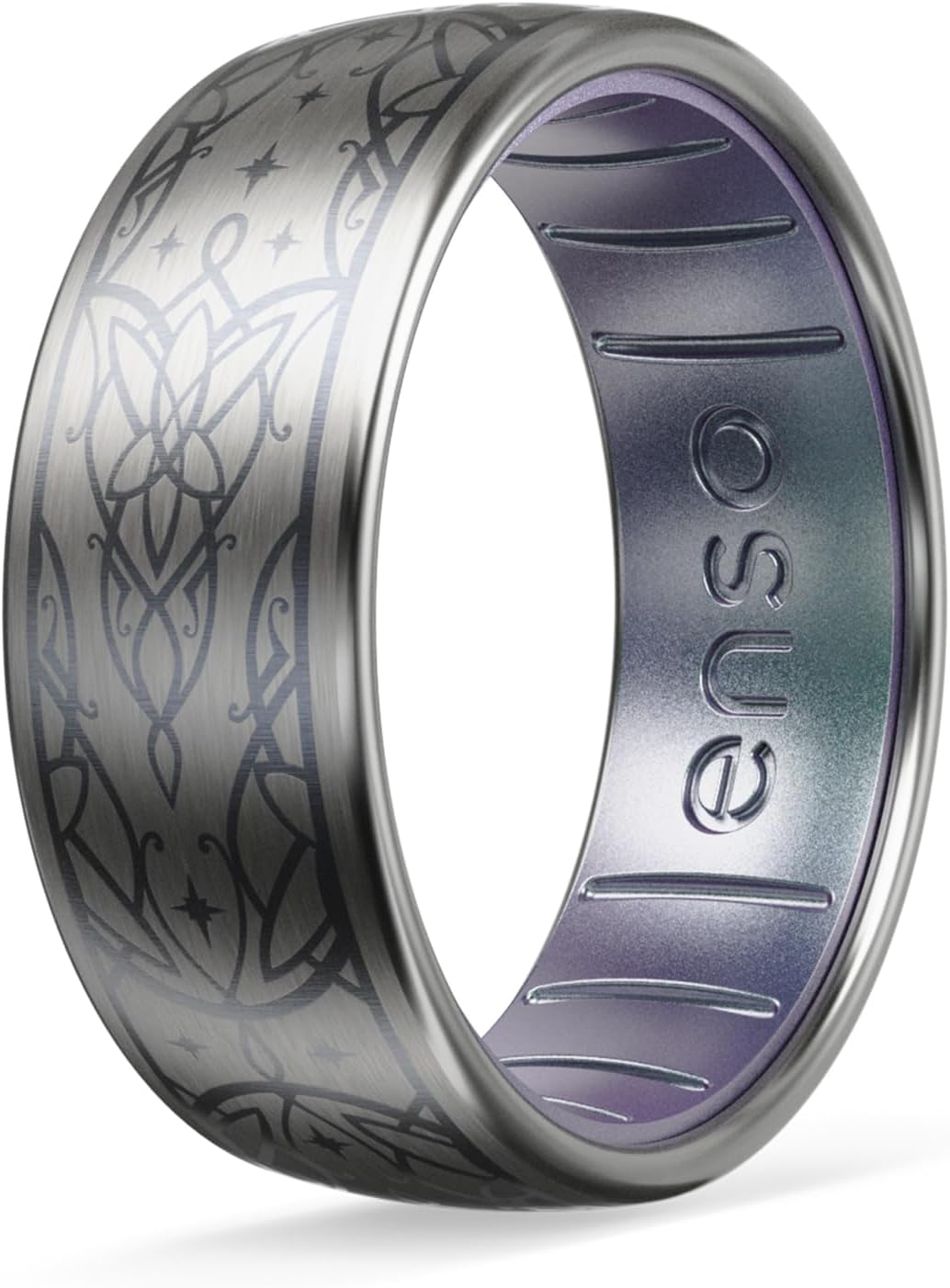 Enso Rings Etched Lord of the Rings Hybrid Ring - Durable Brushed Outer Metal - Comfortable and Premium Inner Silicone