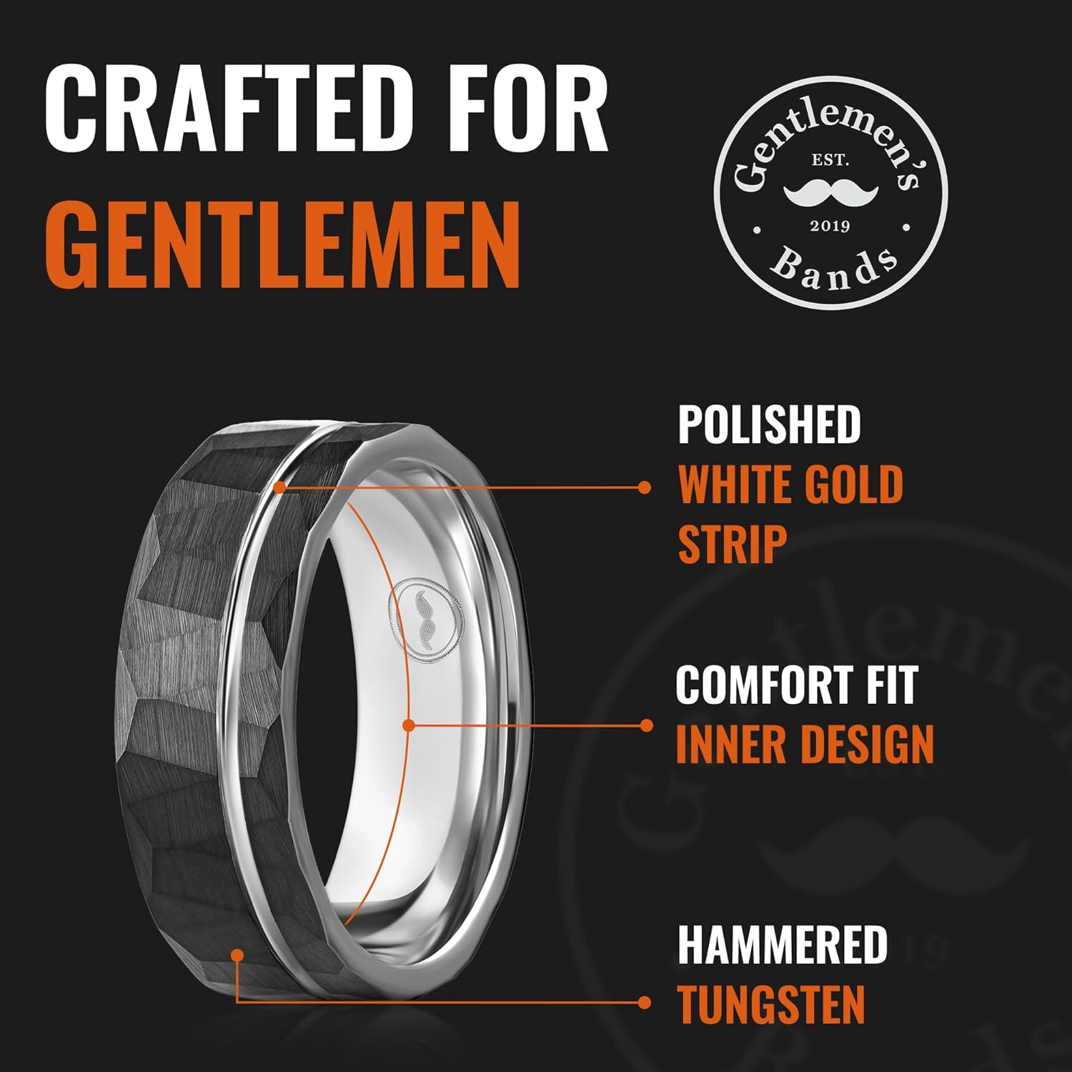 Men's Tungsten Carbide Wedding Band - Premium Grade Hammered Brushed Wedding Ring for Men (Black with Polished White Gold Strip) - With Silicon Band, Leather Pouch, & Luxury Walnut Ring Box