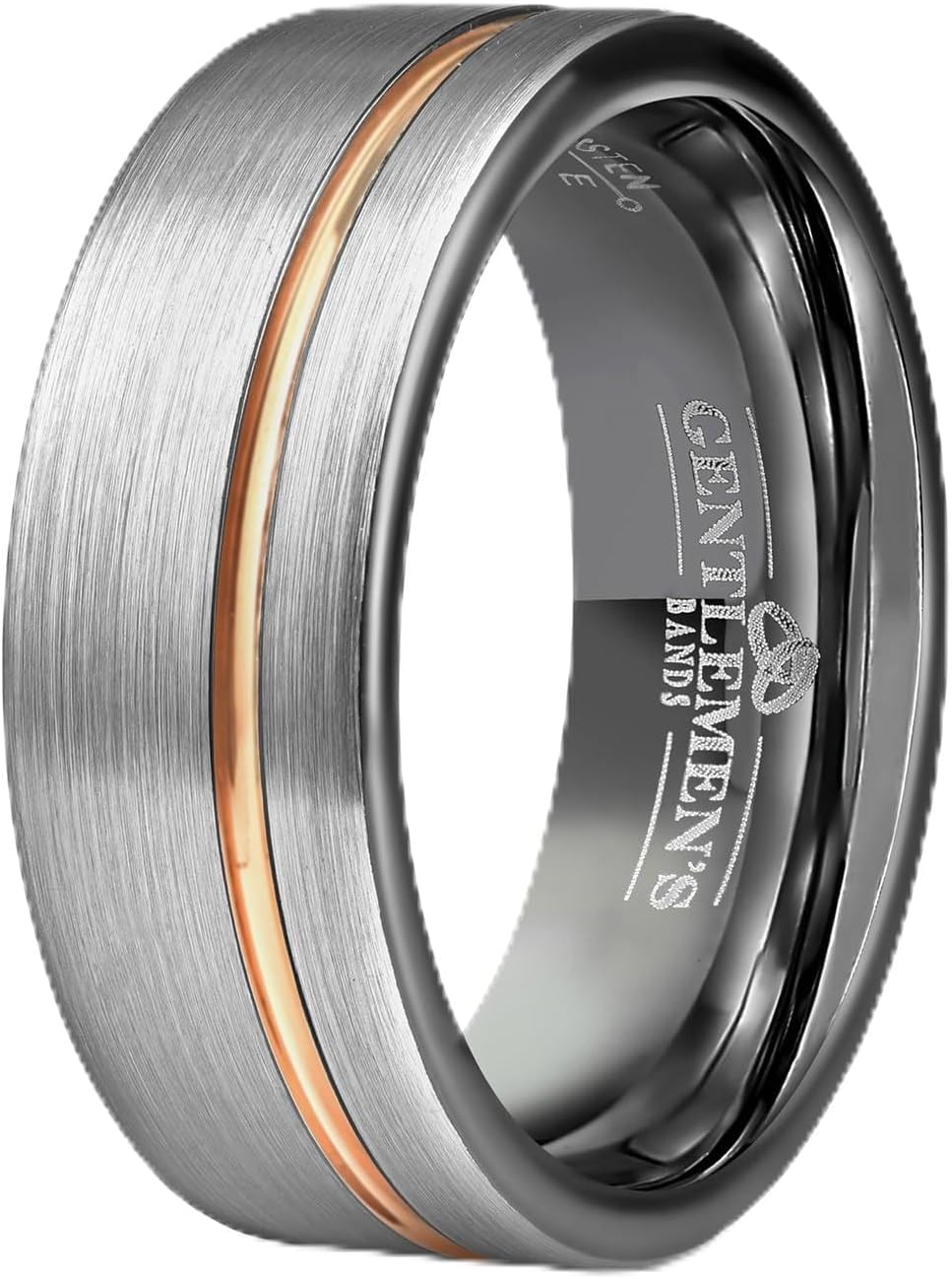 Gentlemen's Bands Men's Brushed Silver Tungsten Carbide Wedding Band - Premium Grade Wedding Ring with Gold Inlay- Includes Silicone Band, Leather Drawstring Pouch, & Premium Finished Walnut Box