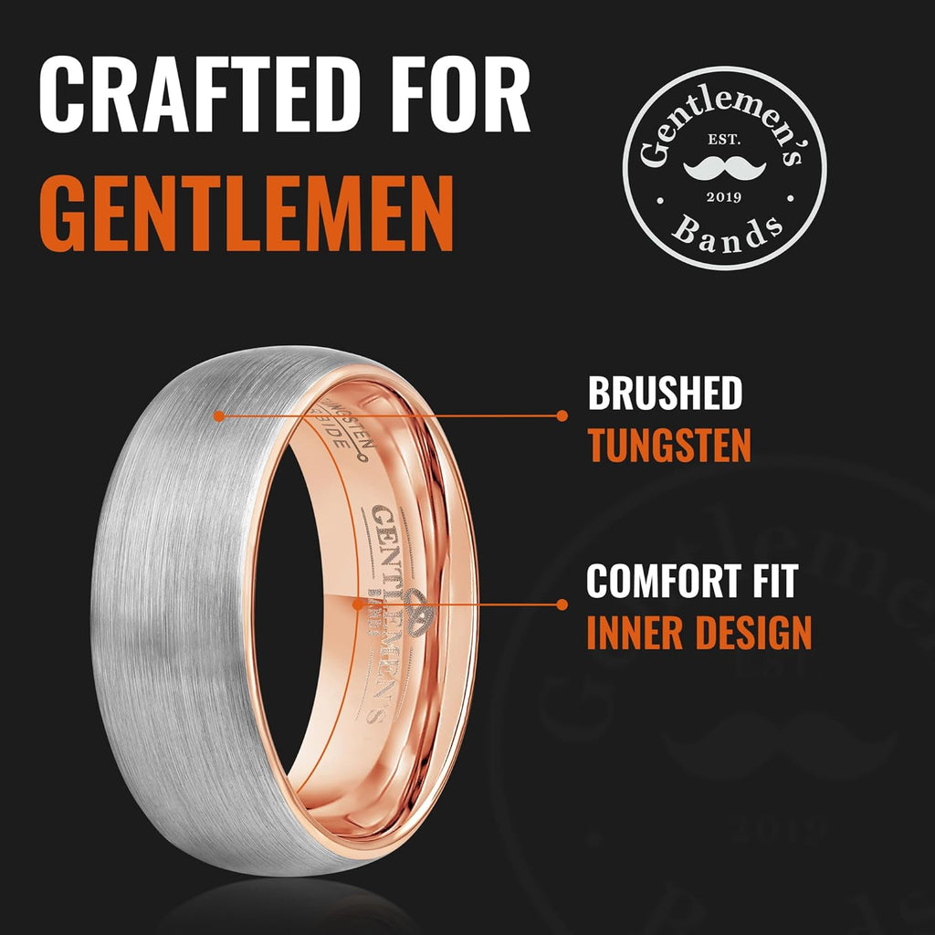 Men's Tungsten Carbide Wedding Band With Rode Gold Inlay- Premium Grade Brushed Silver & Rose Gold Wedding Ring - Includes Silicon Band, Leather Drawstring Pouch, & Luxury Walnut Ring Box