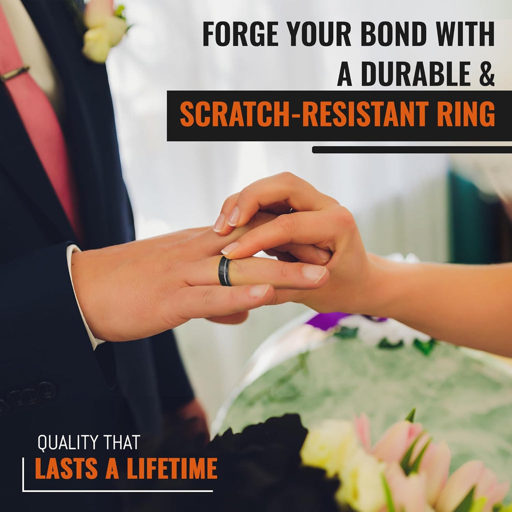 Men's Tungsten Carbide Wedding Band - Premium Grade Hammered Brushed Wedding Ring for Men (Black with Polished White Gold Strip) - With Silicon Band, Leather Pouch, & Luxury Walnut Ring Box