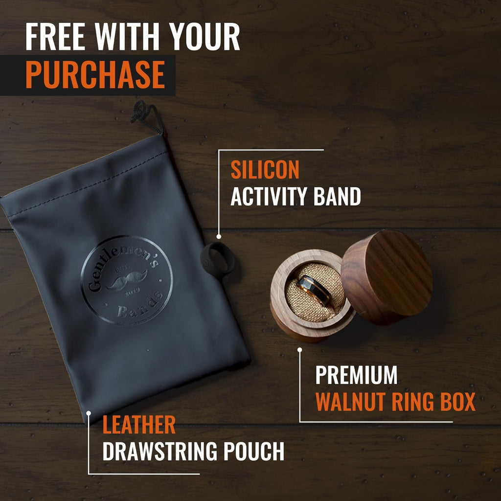 Men's Tungsten Carbide Wedding Band - Premium Grade Hammered Brushed Wedding Ring for Men (Black with Polished White Gold Strip) - With Silicon Band, Leather Pouch, & Luxury Walnut Ring Box