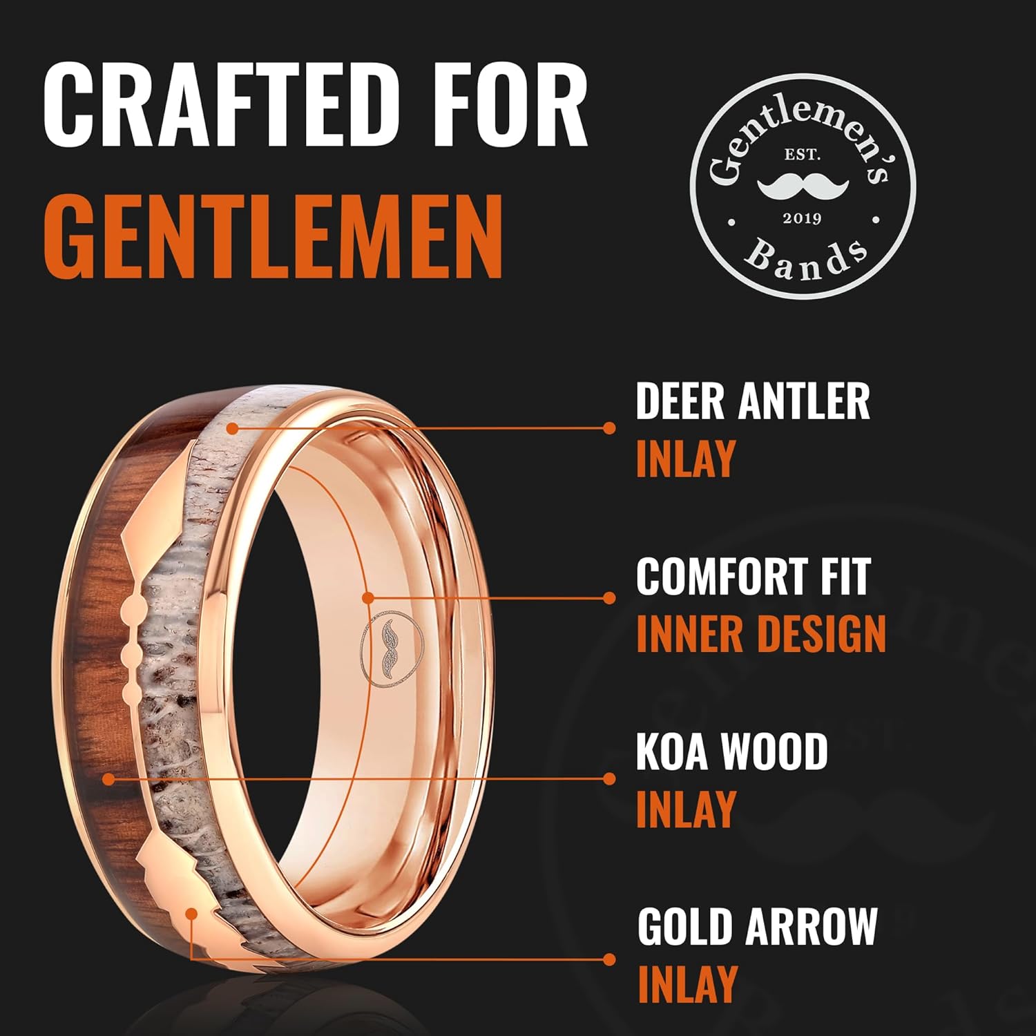 Men's Rose Gold Tungsten Carbide Wedding Band- Premium Tungsten Ring With Deer Antler, Koa Wood & Gold Arrow Inlay - Includes Silicone Band, Leather Drawstring Pouch & Luxury Walnut Box