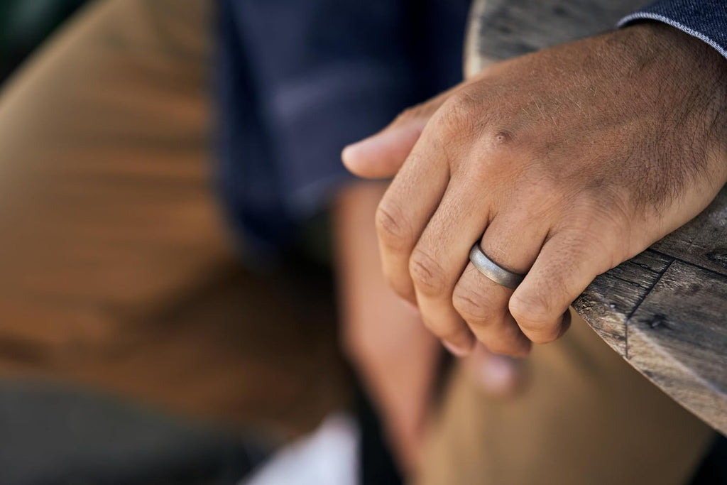 Ridge 6mm Rounded Tungsten Rings For Men - Dual Band Metal Wedding Ring & Silicone Ring, Scratch-Resistant PVD Coating, Convex No-Pinch Fit, Includes Extra Silicone Band (Stonewashed Titanium, 13.5)