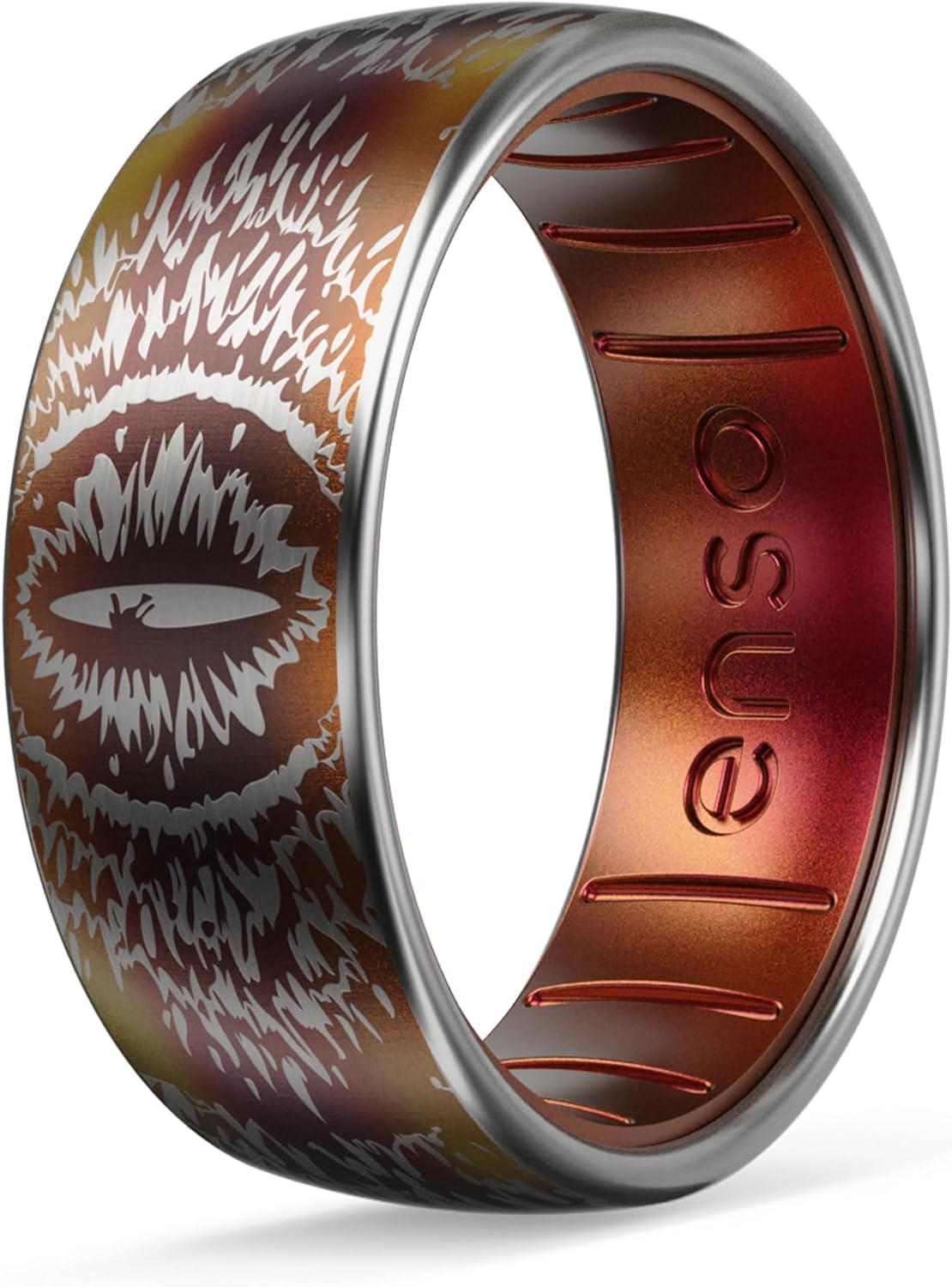 Enso Rings Etched Lord of the Rings Hybrid Ring - Durable Brushed Outer Metal - Comfortable and Premium Inner Silicone