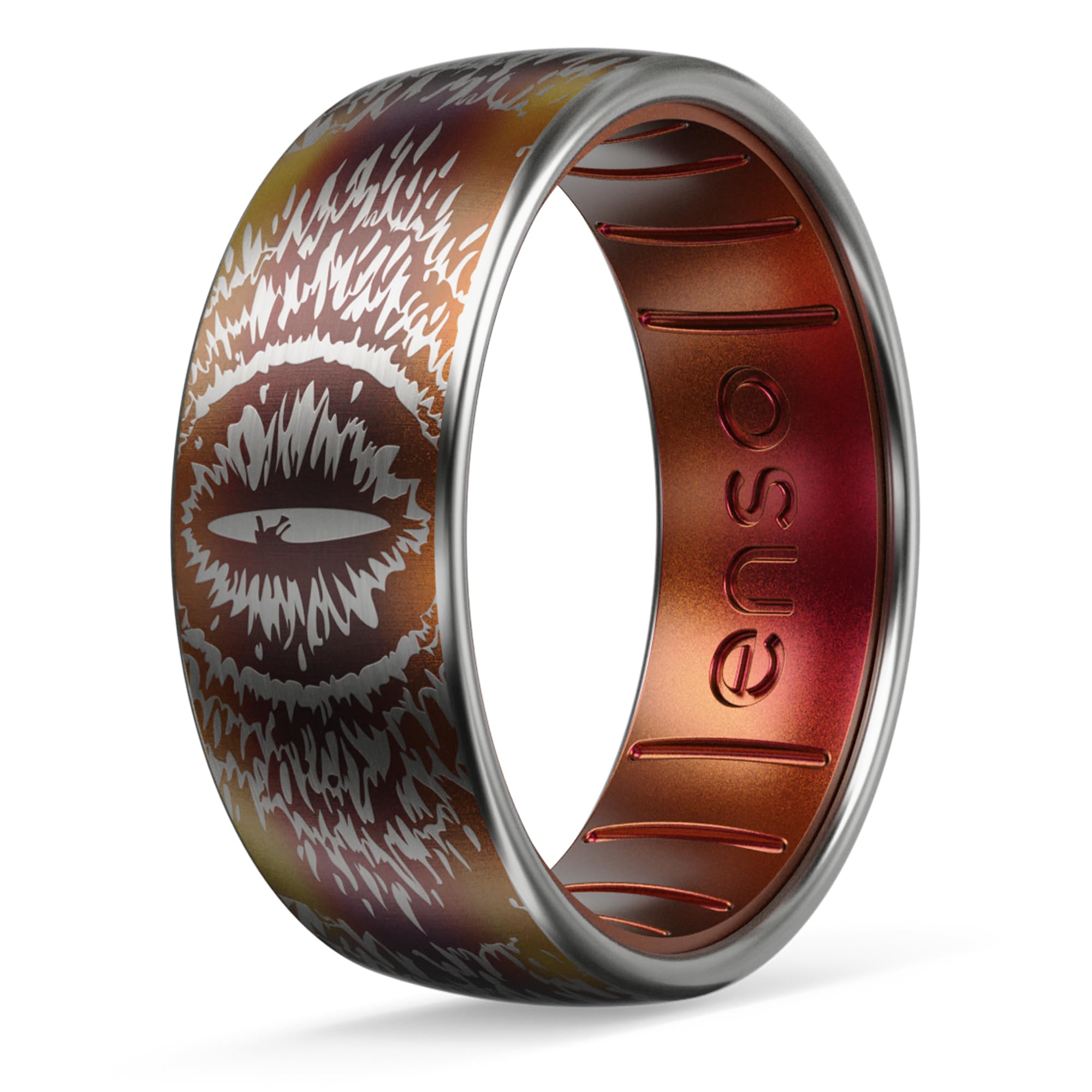 Enso Rings Etched Lord of the Rings Hybrid Ring - Durable Brushed Outer Metal - Comfortable and Premium Inner Silicone