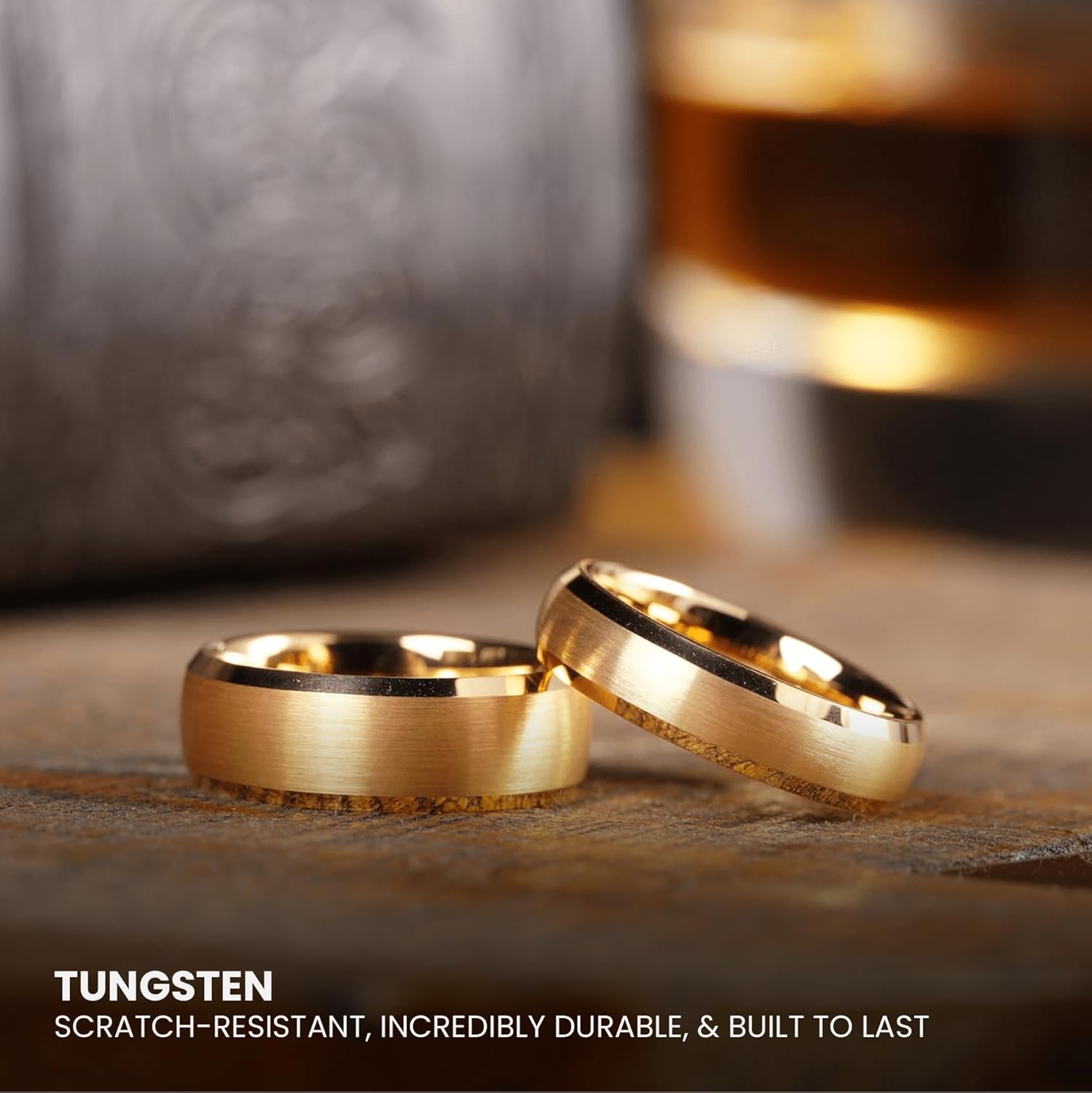 Manly Bands: Mens 14K Yellow Gold Plated Wedding Bands and Rings - Gold Plated Tungsten Comfort Fit and Stylish Rings for Men, Free Silicone Ring Included