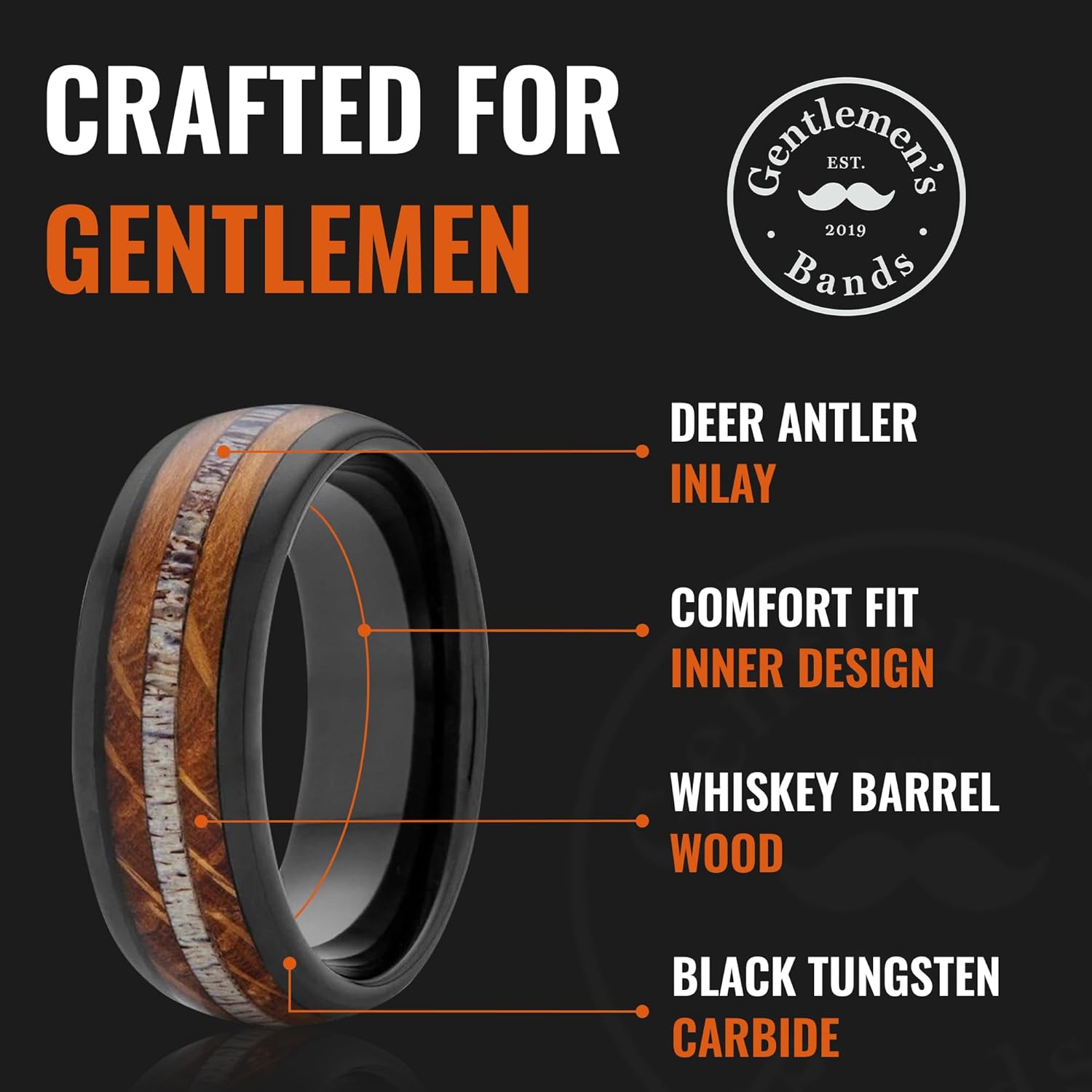 Black Tungsten Band | Whiskey & Deer Antler