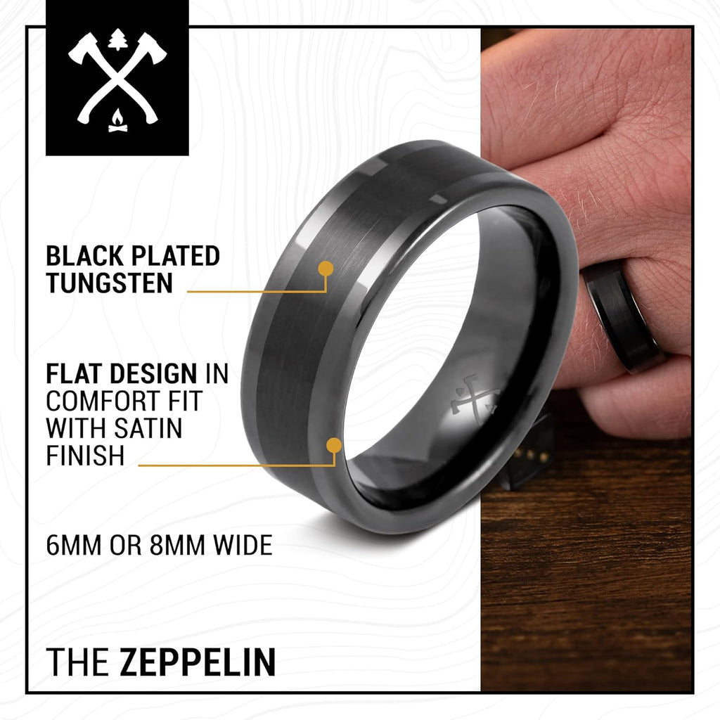 Manly Bands: Mens Black Plated Tungsten and Black Zirconium Wedding Bands and Rings - Comfort Fit and Stylish Black Rings for Men, Free Silicone Ring Included