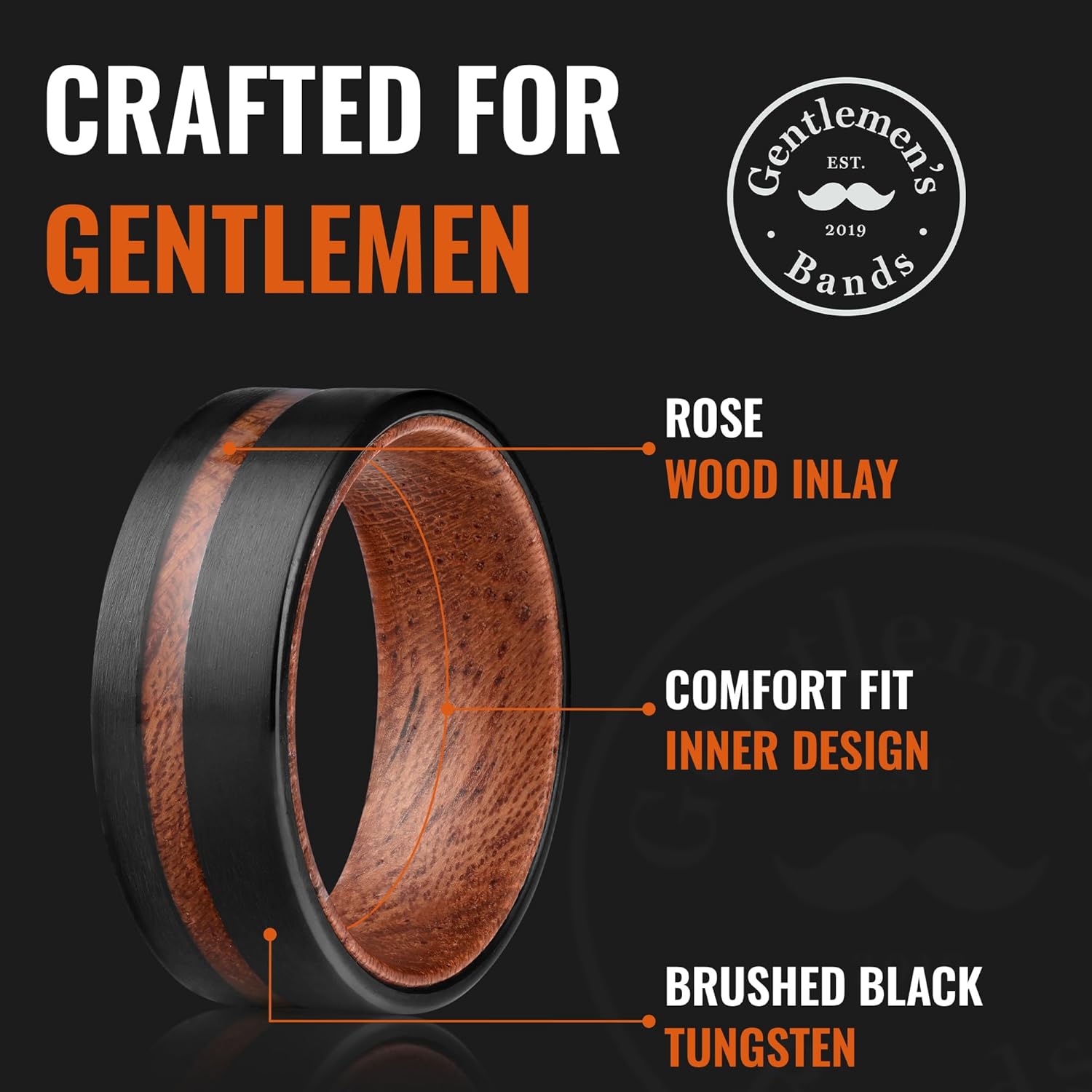 Brushed Black Tungsten Band | Wood Inlay