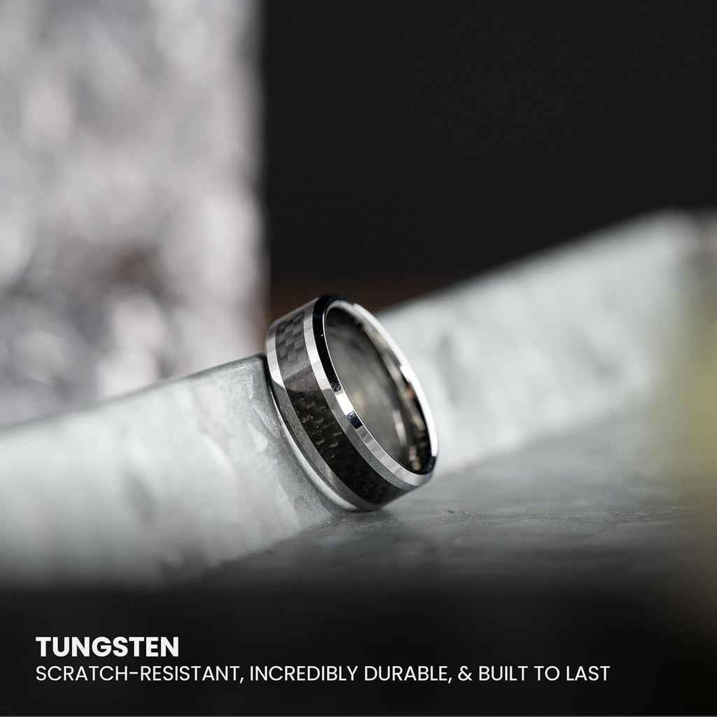 Manly Bands: Mens Wedding Bands and Rings - Unique Polished or Satin Finished Tungsten, Comfort Fit Wedding Band, Stylish Ring for Men, Free Silicone Ring Included
