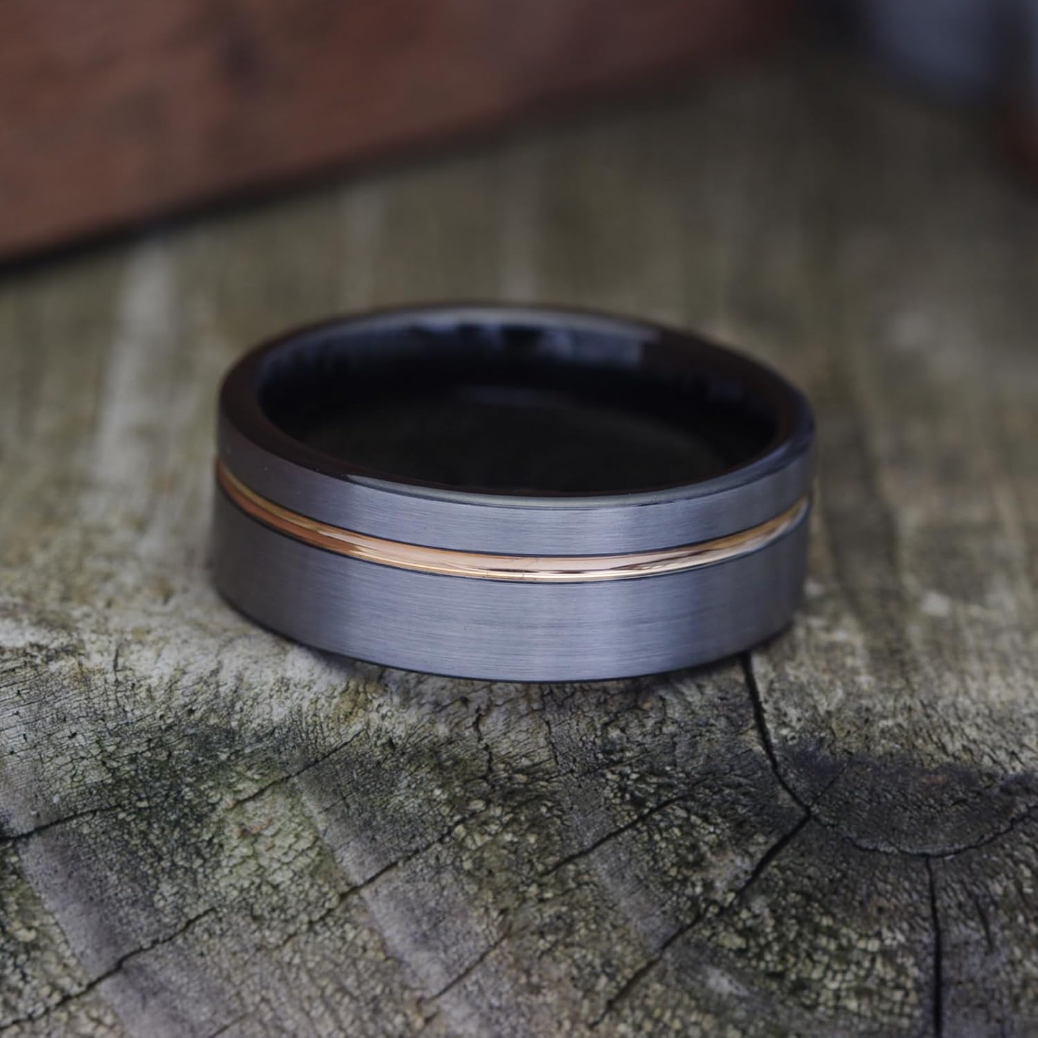 Gentlemen's Bands Men's Brushed Silver Tungsten Carbide Wedding Band - Premium Grade Wedding Ring with Gold Inlay- Includes Silicone Band, Leather Drawstring Pouch, & Premium Finished Walnut Box