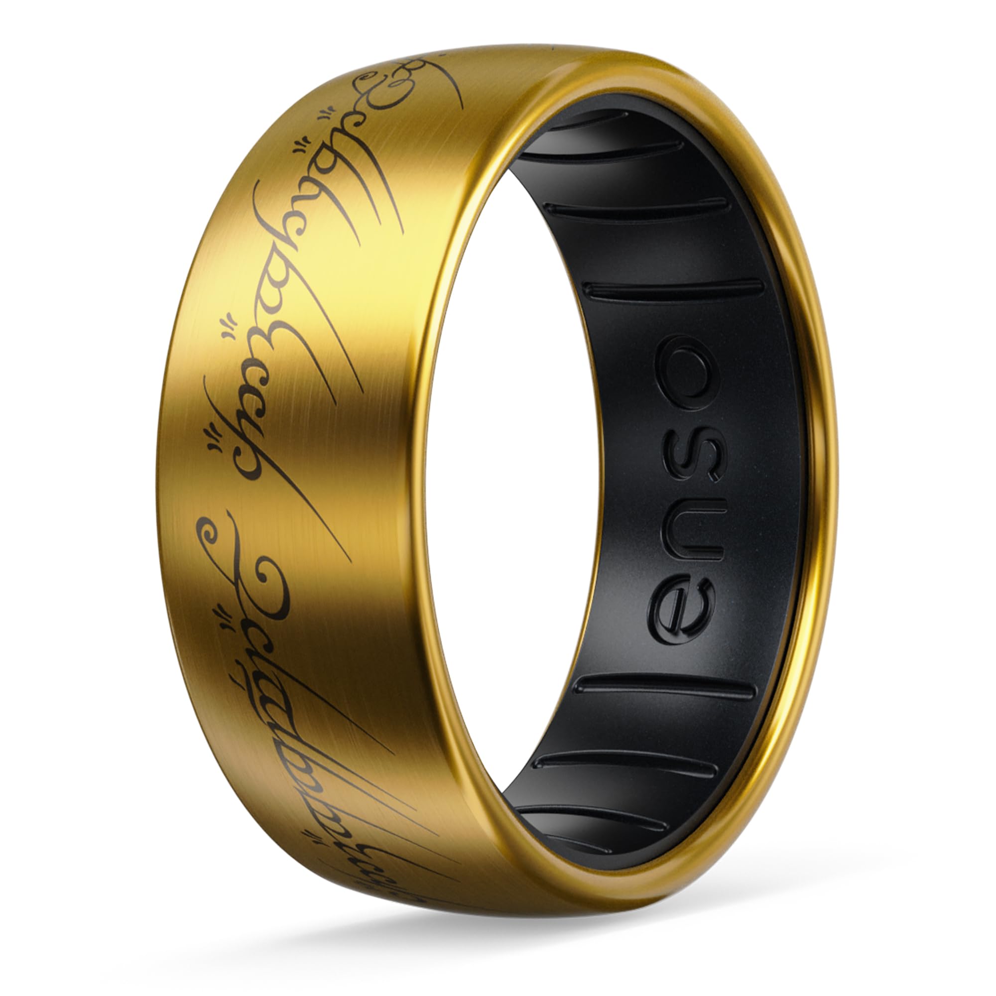 Enso Rings Etched Lord of the Rings Hybrid Ring - Durable Brushed Outer Metal - Comfortable and Premium Inner Silicone