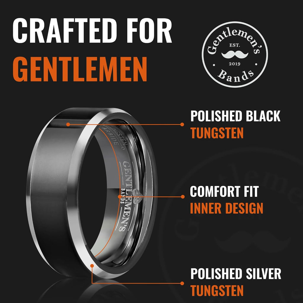 Men's Black Tungsten Carbide Wedding Band - Premium Grade Tungsten Black Wedding Band Beveled - Includes Silicon Band, Leather Drawstring Pouch, & Luxury Walnut Ring Box