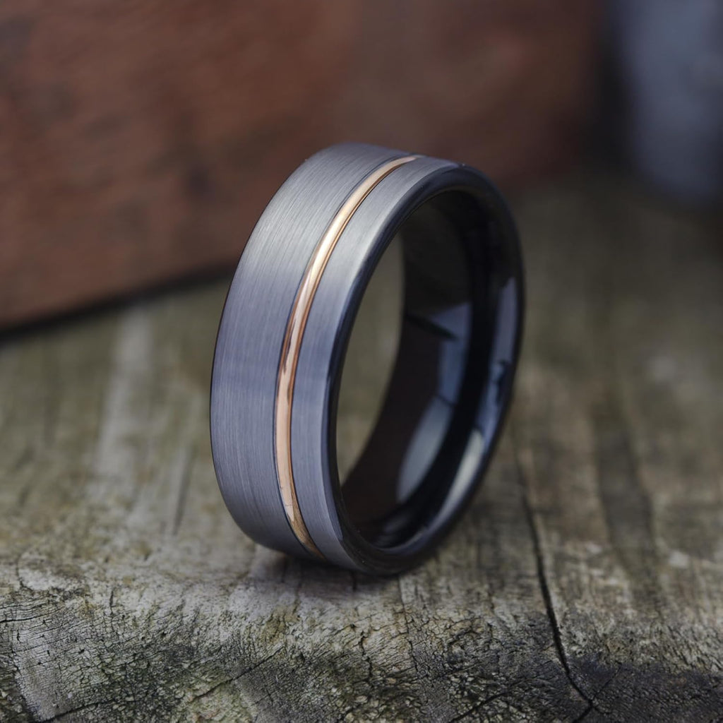 Gentlemen's Bands Men's Brushed Silver Tungsten Carbide Wedding Band - Premium Grade Wedding Ring with Gold Inlay- Includes Silicone Band, Leather Drawstring Pouch, & Premium Finished Walnut Box