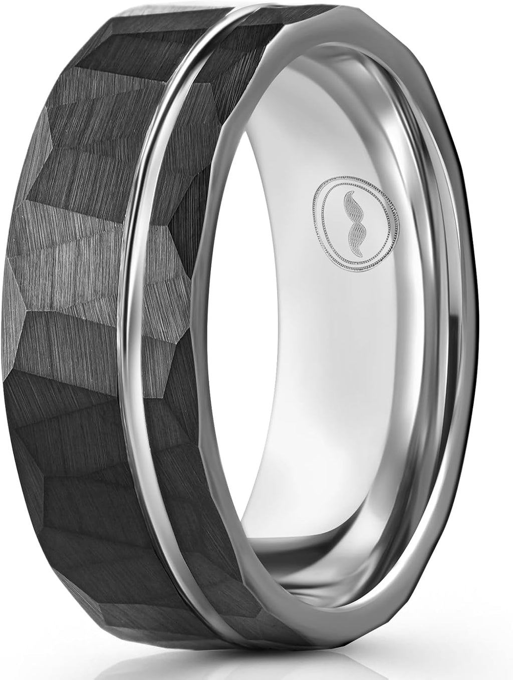 Men's Tungsten Carbide Wedding Band - Premium Grade Hammered Brushed Wedding Ring for Men (Black with Polished White Gold Strip) - With Silicon Band, Leather Pouch, & Luxury Walnut Ring Box