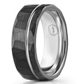 Men's Tungsten Carbide Wedding Band - Premium Grade Hammered Brushed Wedding Ring for Men (Black with Polished White Gold Strip) - With Silicon Band, Leather Pouch, & Luxury Walnut Ring Box