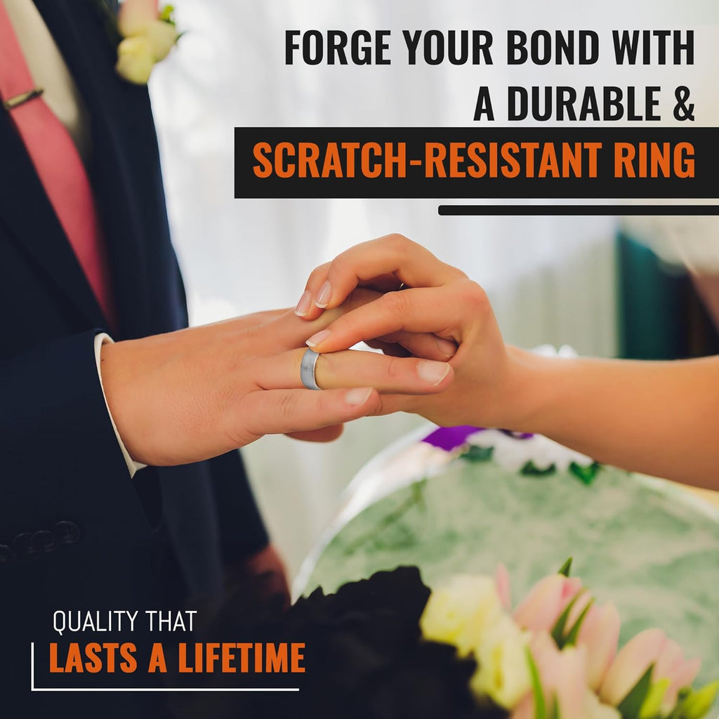 Men's Tungsten Carbide Wedding Band With Rode Gold Inlay- Premium Grade Brushed Silver & Rose Gold Wedding Ring - Includes Silicon Band, Leather Drawstring Pouch, & Luxury Walnut Ring Box