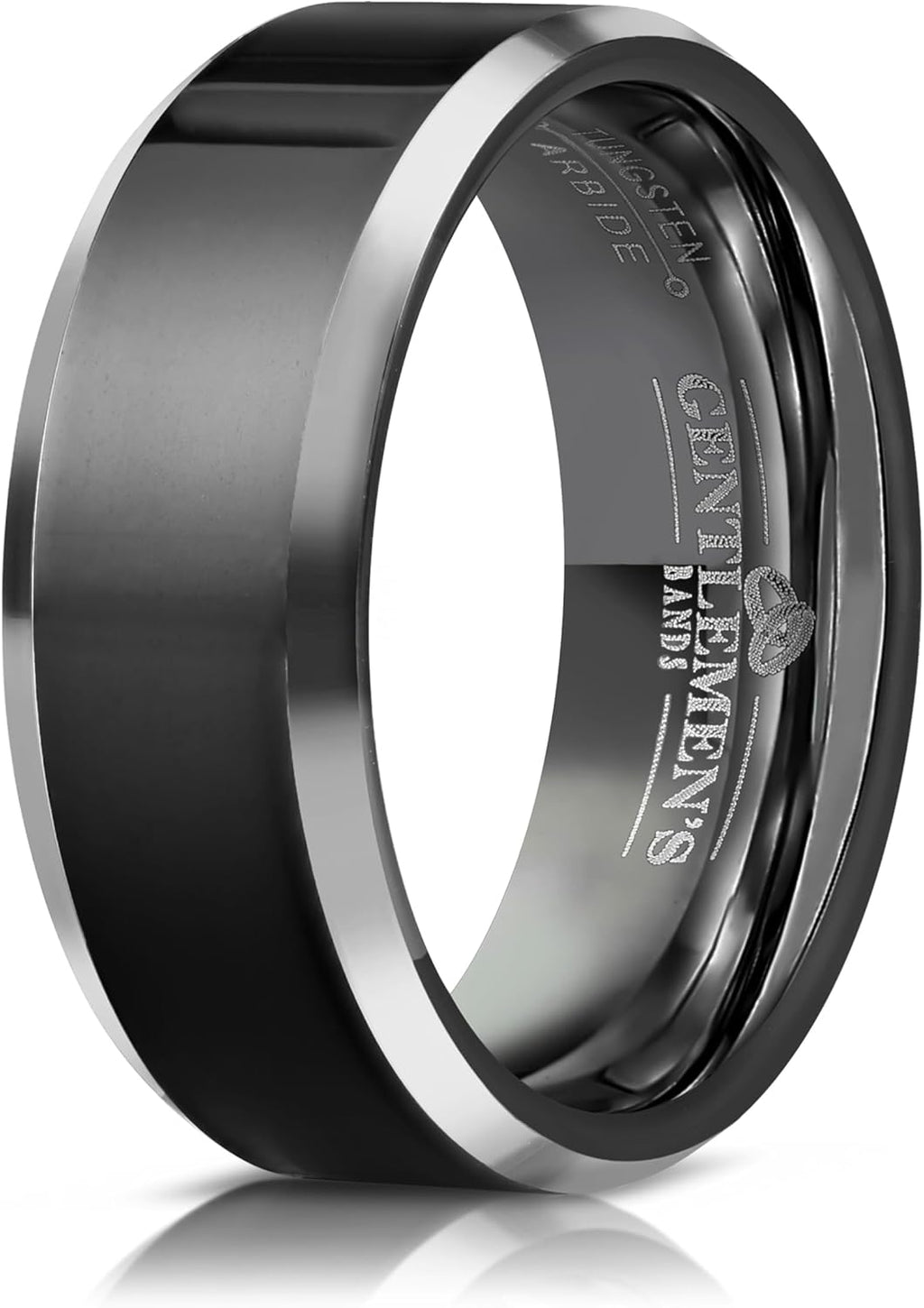 Men's Black Tungsten Carbide Wedding Band - Premium Grade Tungsten Black Wedding Band Beveled - Includes Silicon Band, Leather Drawstring Pouch, & Luxury Walnut Ring Box