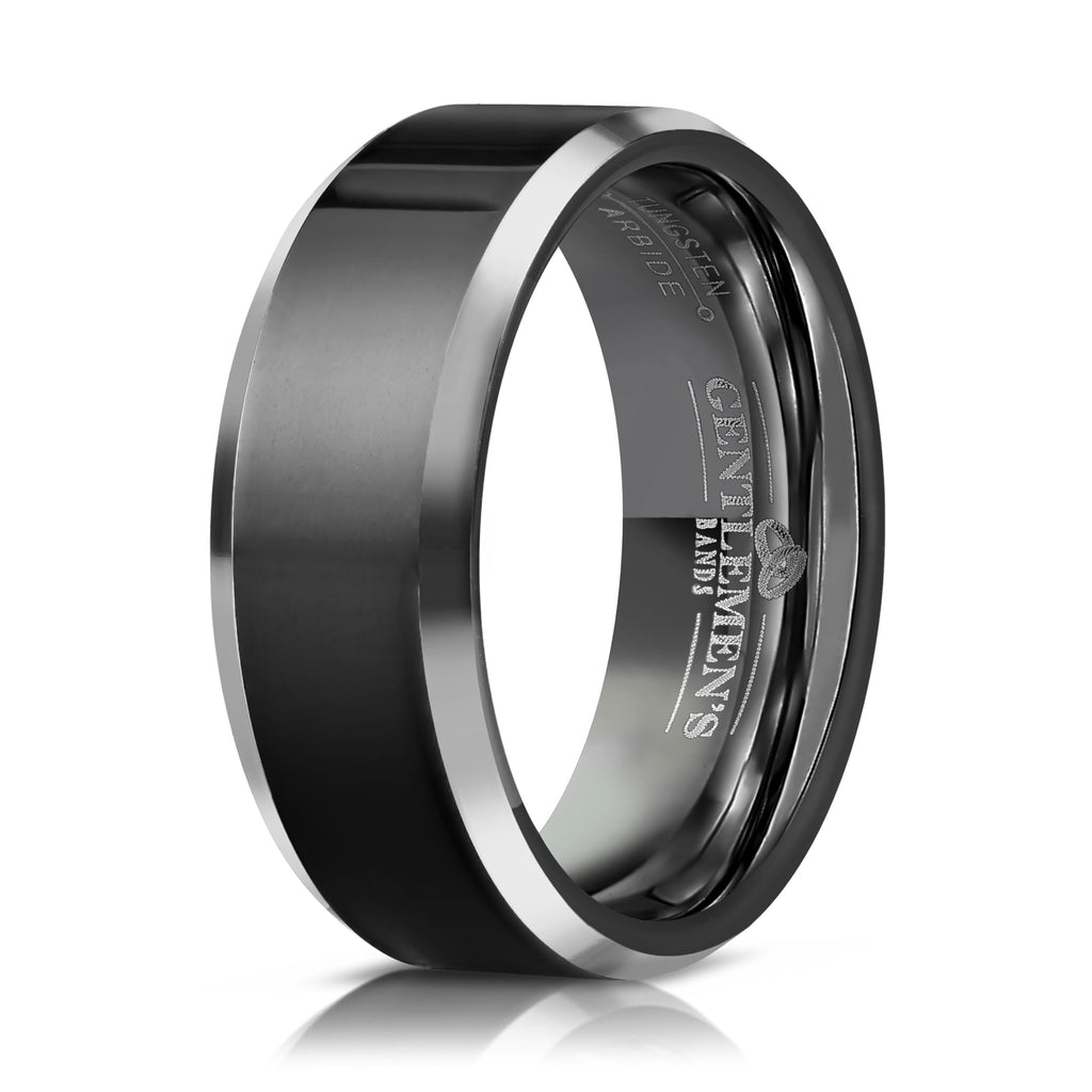 Men's Black Tungsten Carbide Wedding Band - Premium Grade Tungsten Black Wedding Band Beveled - Includes Silicon Band, Leather Drawstring Pouch, & Luxury Walnut Ring Box
