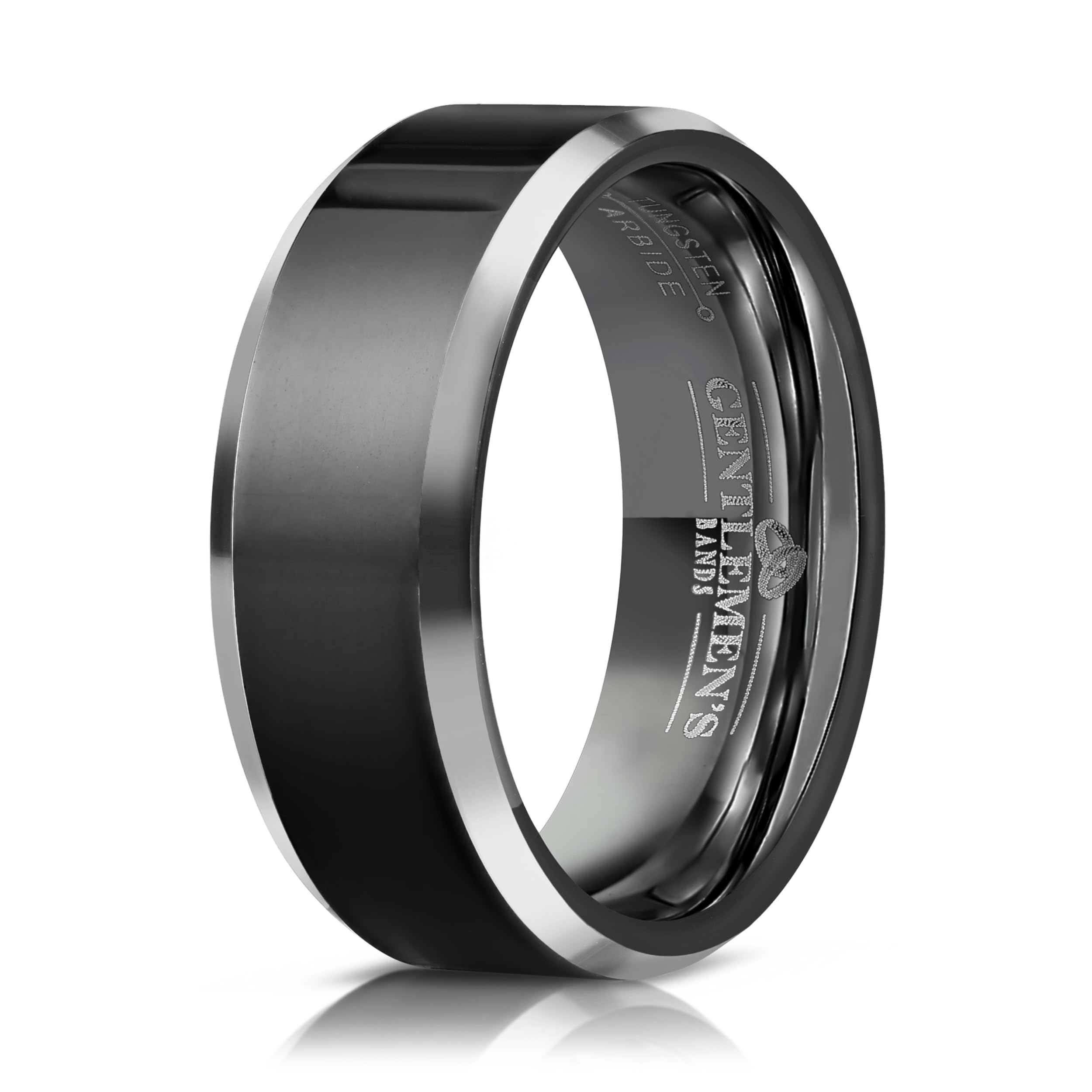 Men's Black Tungsten Carbide Wedding Band - Premium Grade Tungsten Black Wedding Band Beveled - Includes Silicon Band, Leather Drawstring Pouch, & Luxury Walnut Ring Box