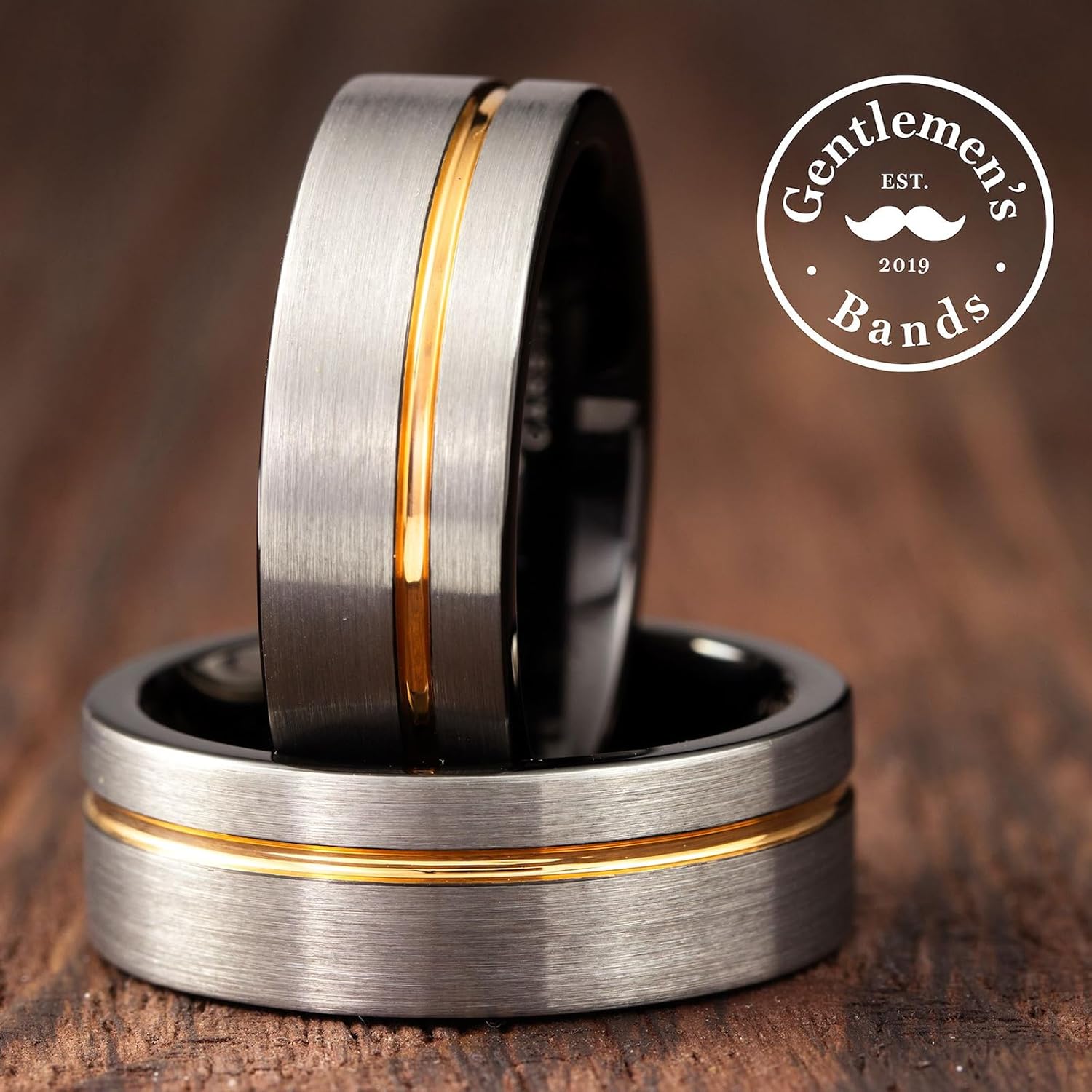 Gentlemen's Bands Men's Brushed Silver Tungsten Carbide Wedding Band - Premium Grade Wedding Ring with Gold Inlay- Includes Silicone Band, Leather Drawstring Pouch, & Premium Finished Walnut Box
