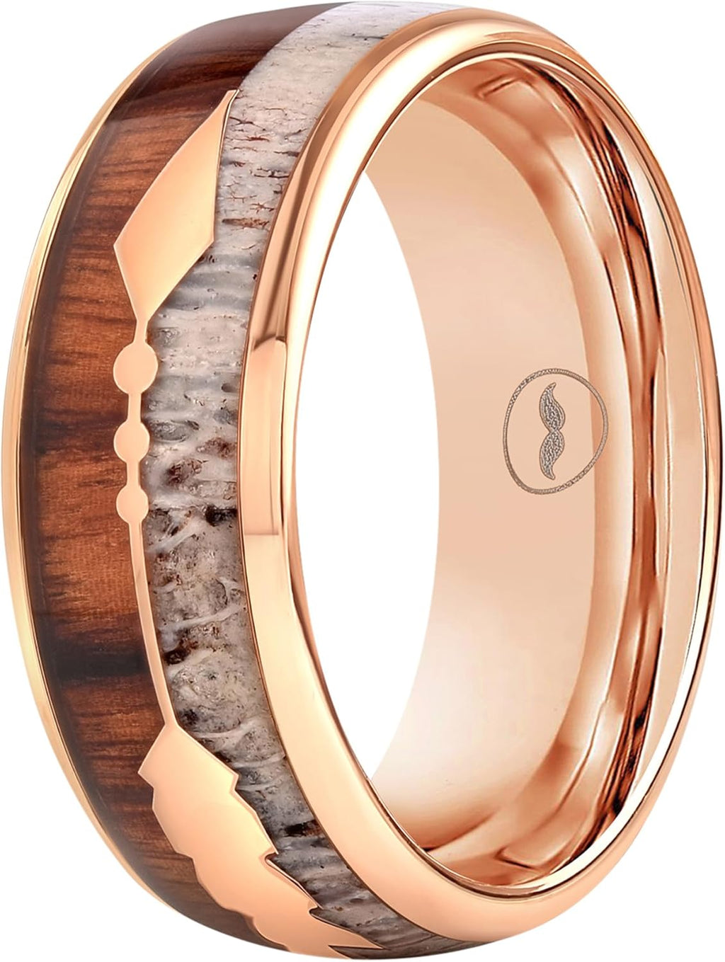 Men's Rose Gold Tungsten Carbide Wedding Band- Premium Tungsten Ring With Deer Antler, Koa Wood & Gold Arrow Inlay - Includes Silicone Band, Leather Drawstring Pouch & Luxury Walnut Box