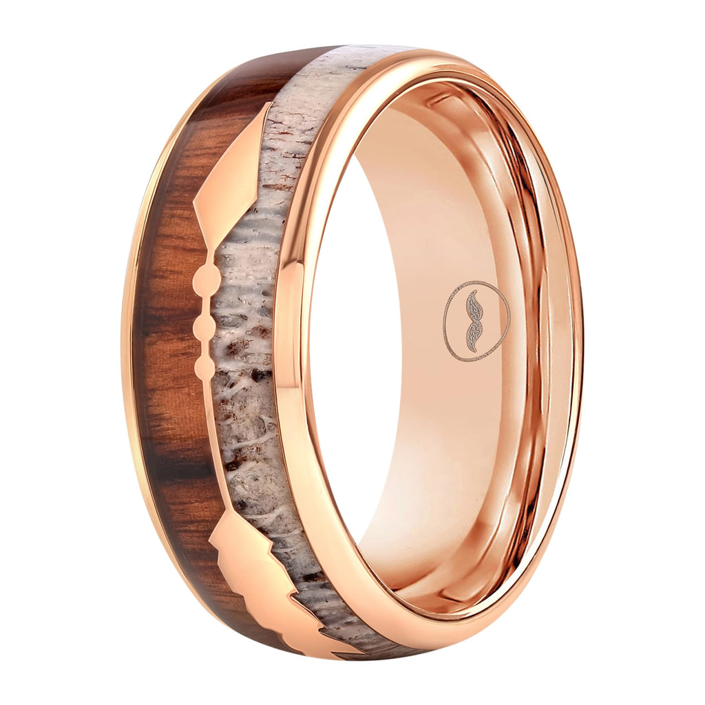 Men's Rose Gold Tungsten Carbide Wedding Band- Premium Tungsten Ring With Deer Antler, Koa Wood & Gold Arrow Inlay - Includes Silicone Band, Leather Drawstring Pouch & Luxury Walnut Box