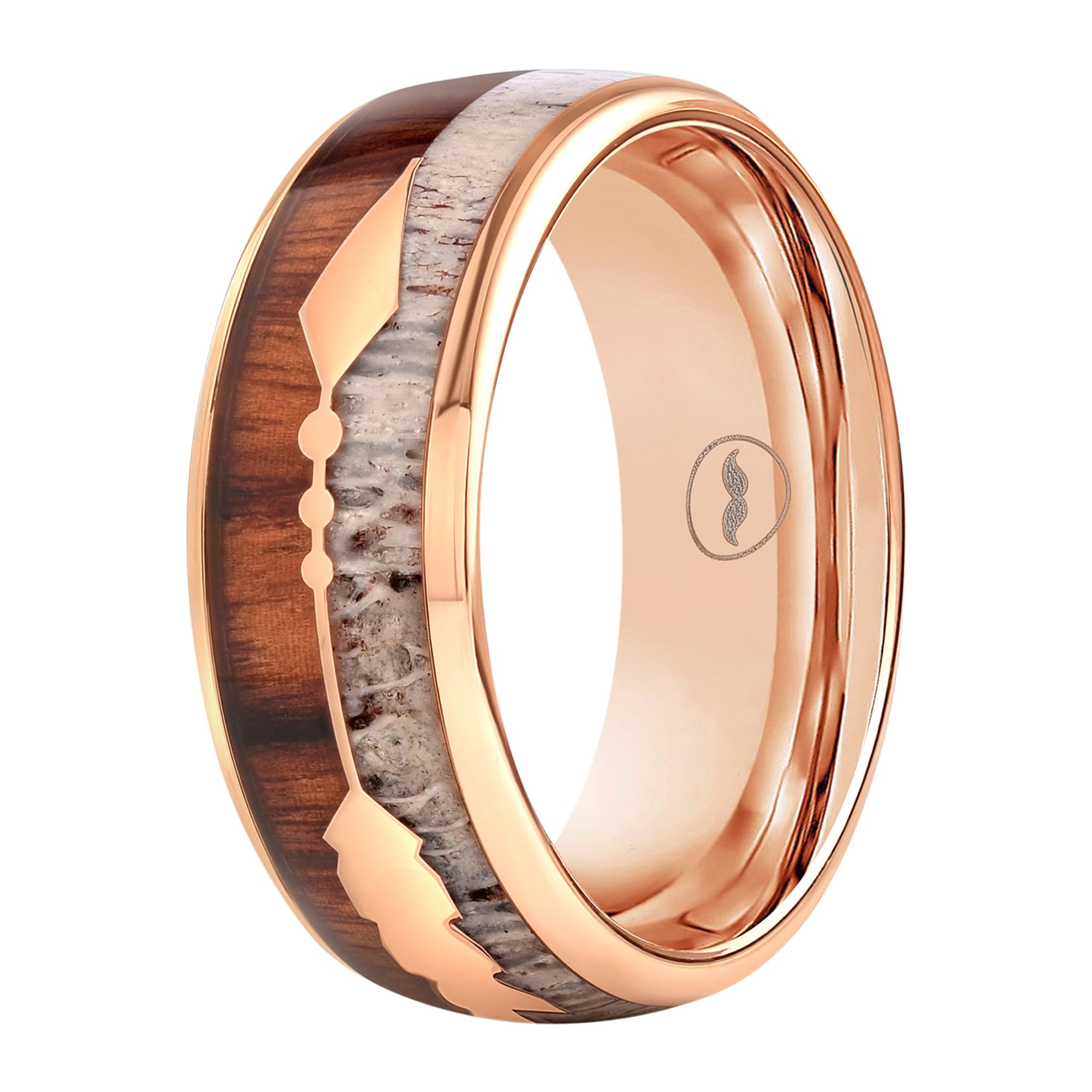 Men's Rose Gold Tungsten Carbide Wedding Band- Premium Tungsten Ring With Deer Antler, Koa Wood & Gold Arrow Inlay - Includes Silicone Band, Leather Drawstring Pouch & Luxury Walnut Box