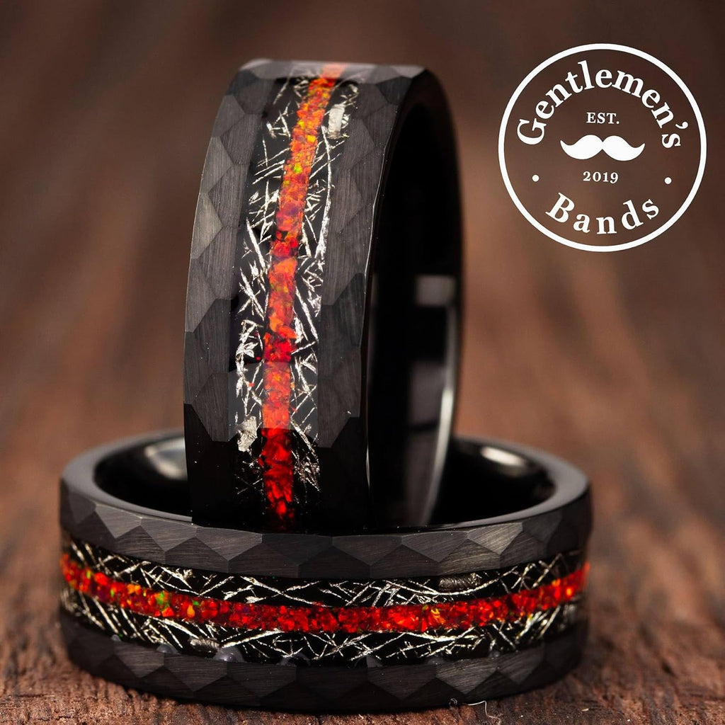 Black Tungsten Band | Fire Opal & Meteorite