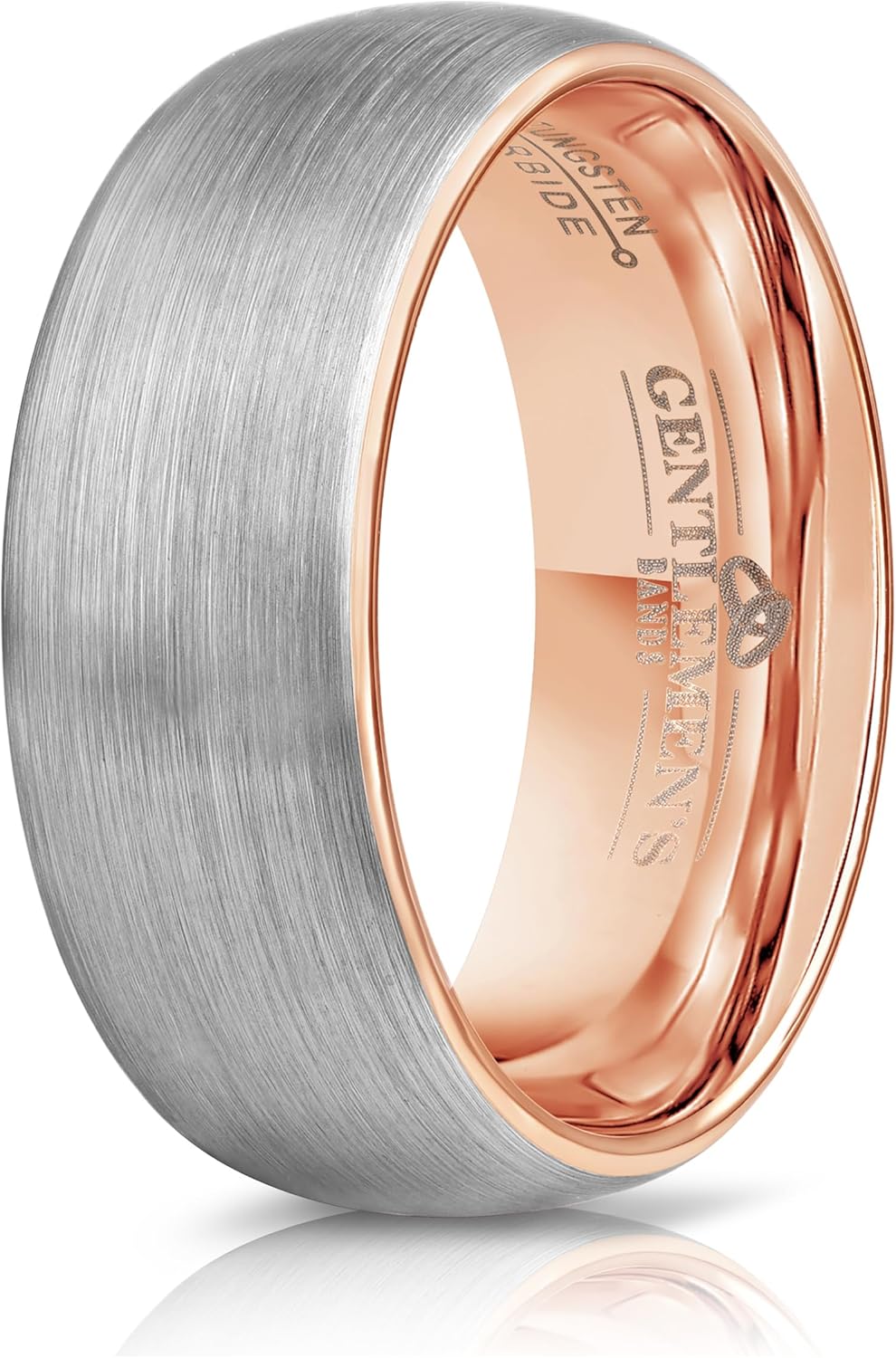 Men's Tungsten Carbide Wedding Band With Rode Gold Inlay- Premium Grade Brushed Silver & Rose Gold Wedding Ring - Includes Silicon Band, Leather Drawstring Pouch, & Luxury Walnut Ring Box