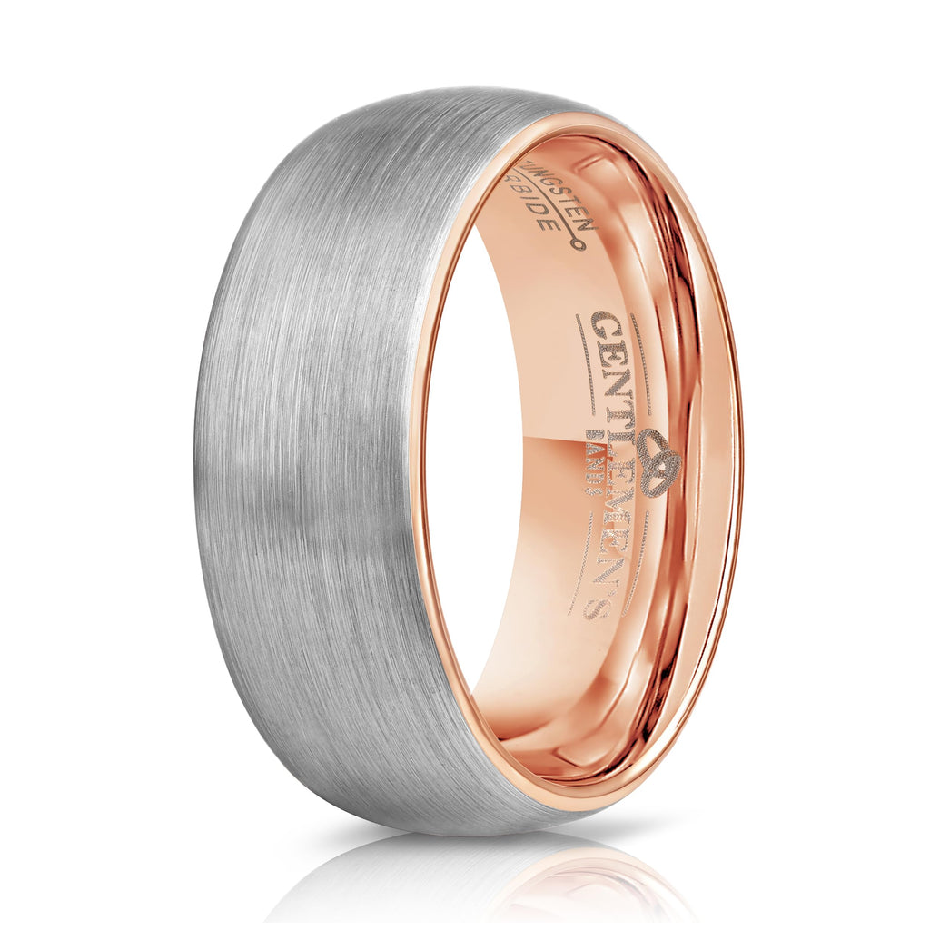 Men's Tungsten Carbide Wedding Band With Rode Gold Inlay- Premium Grade Brushed Silver & Rose Gold Wedding Ring - Includes Silicon Band, Leather Drawstring Pouch, & Luxury Walnut Ring Box