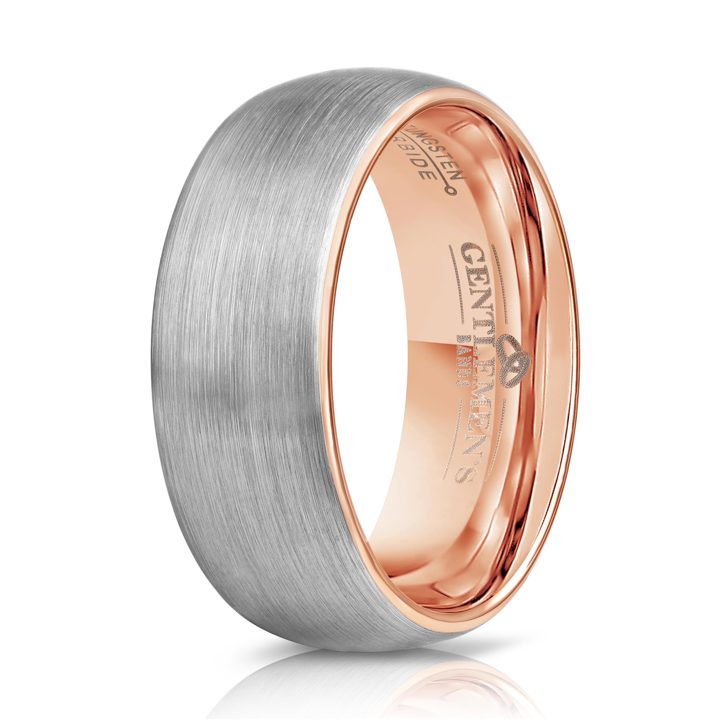 Men's Tungsten Carbide Wedding Band With Rode Gold Inlay- Premium Grade Brushed Silver & Rose Gold Wedding Ring - Includes Silicon Band, Leather Drawstring Pouch, & Luxury Walnut Ring Box